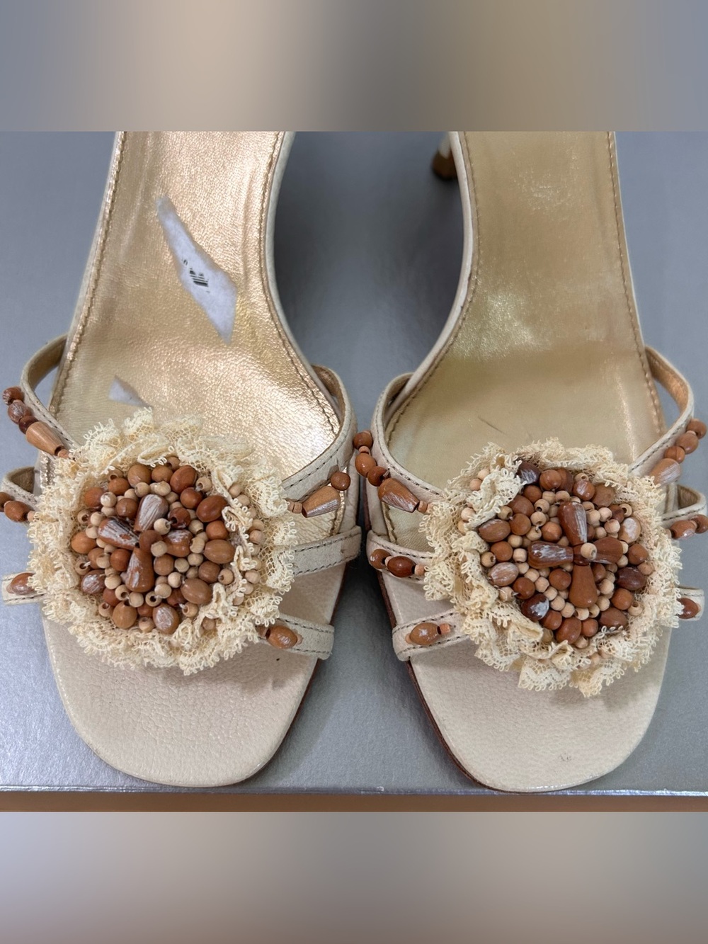 Prada Women's Cream Crochet Lace & Beaded Slide Kitten Heels | 2000s - Picture 8 of 10